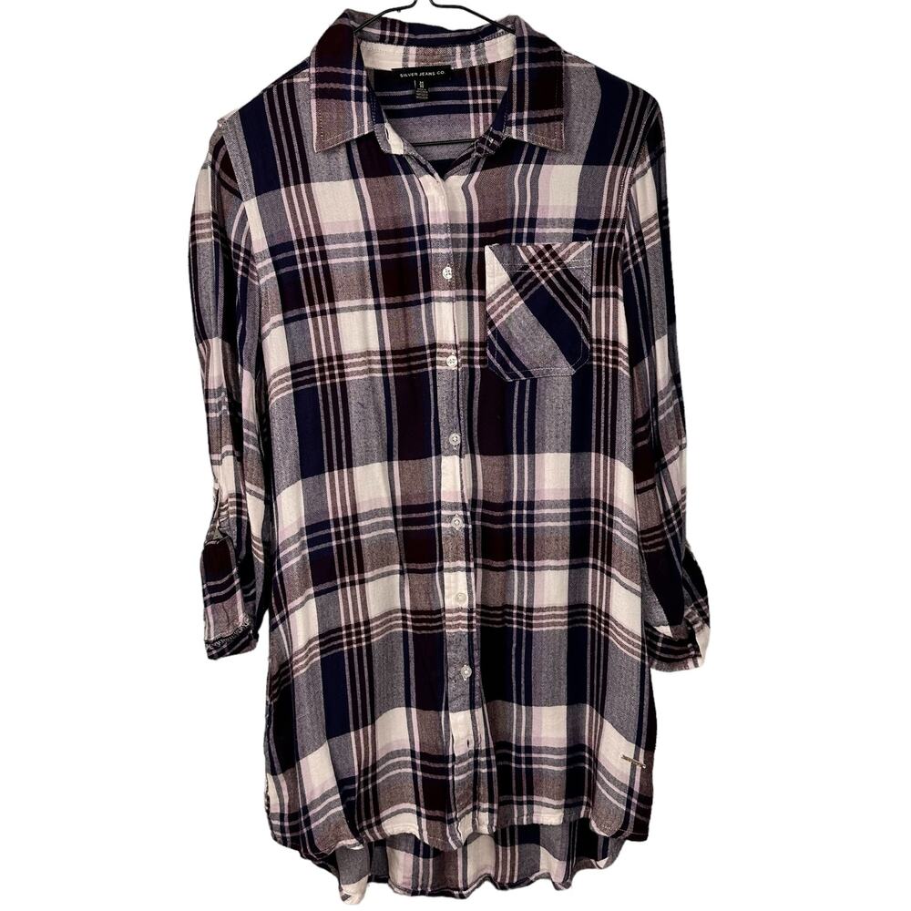 Silver Jeans Oversized Plaid Flannel Shirt Dress Womens‎ SZ M Purple Cabincore
